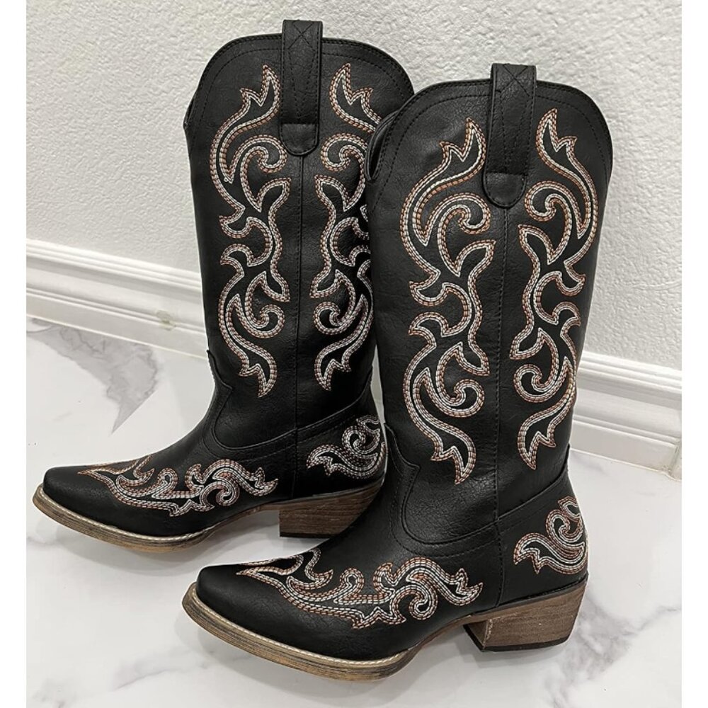 🆕Women Black Synthetic Leathers Cowgirl Chunky Heel Snip Toe Mid-Calf Boots